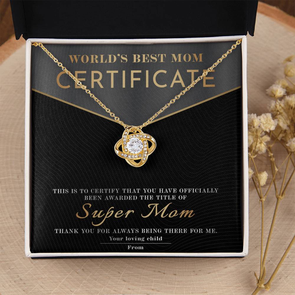 World's Best Mom – Super Mom Certificate Love Knot Necklace