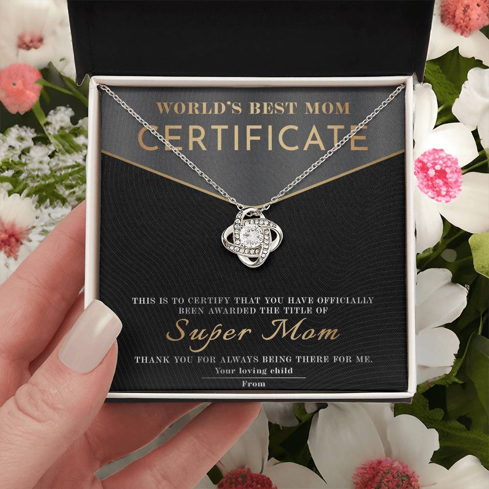 World's Best Mom – Super Mom Certificate Love Knot Necklace