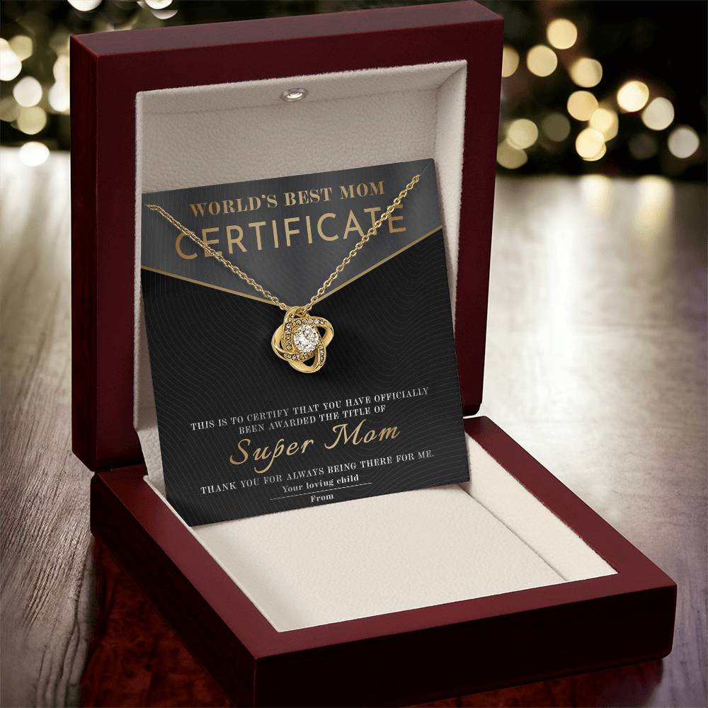 World's Best Mom – Super Mom Certificate Love Knot Necklace