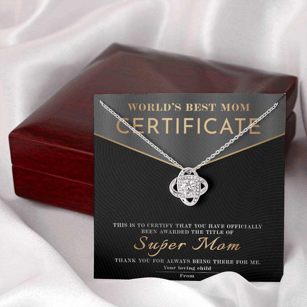 World's Best Mom – Super Mom Certificate Love Knot Necklace
