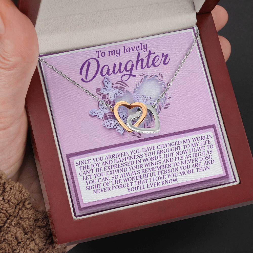 To My Lovely Daughter – Wings to Fly Interlocking Hearts Necklace