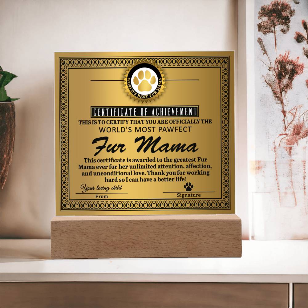World’s Most Pawfect Fur Mama Certificate | LED Acrylic Plaque