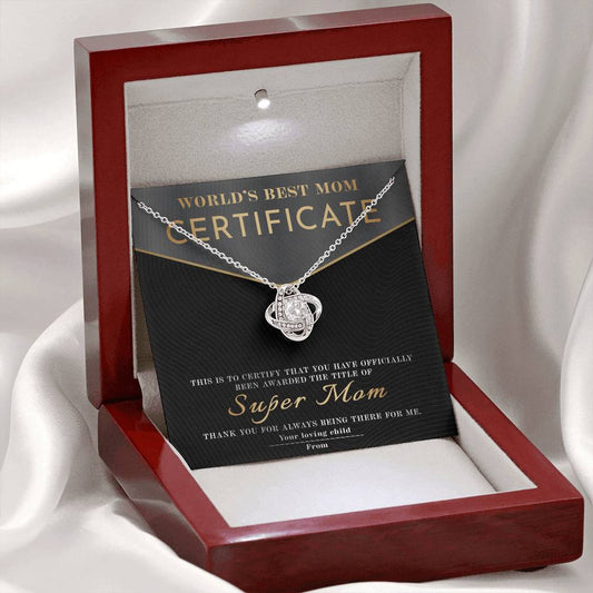 World's Best Mom – Super Mom Certificate Love Knot Necklace