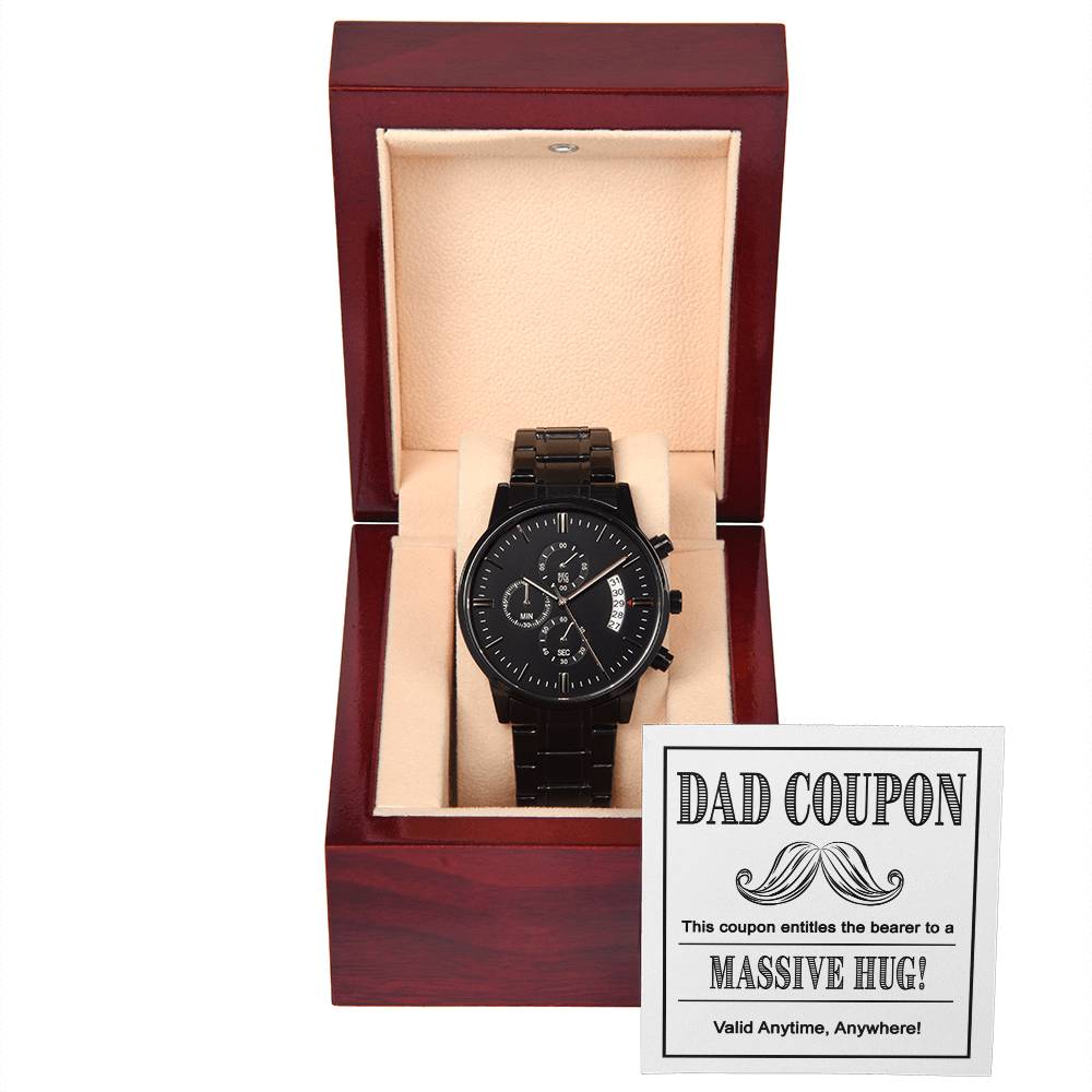 Dad Coupon Watch Gift – Black Chronograph with ‘Massive Hug Voucher’