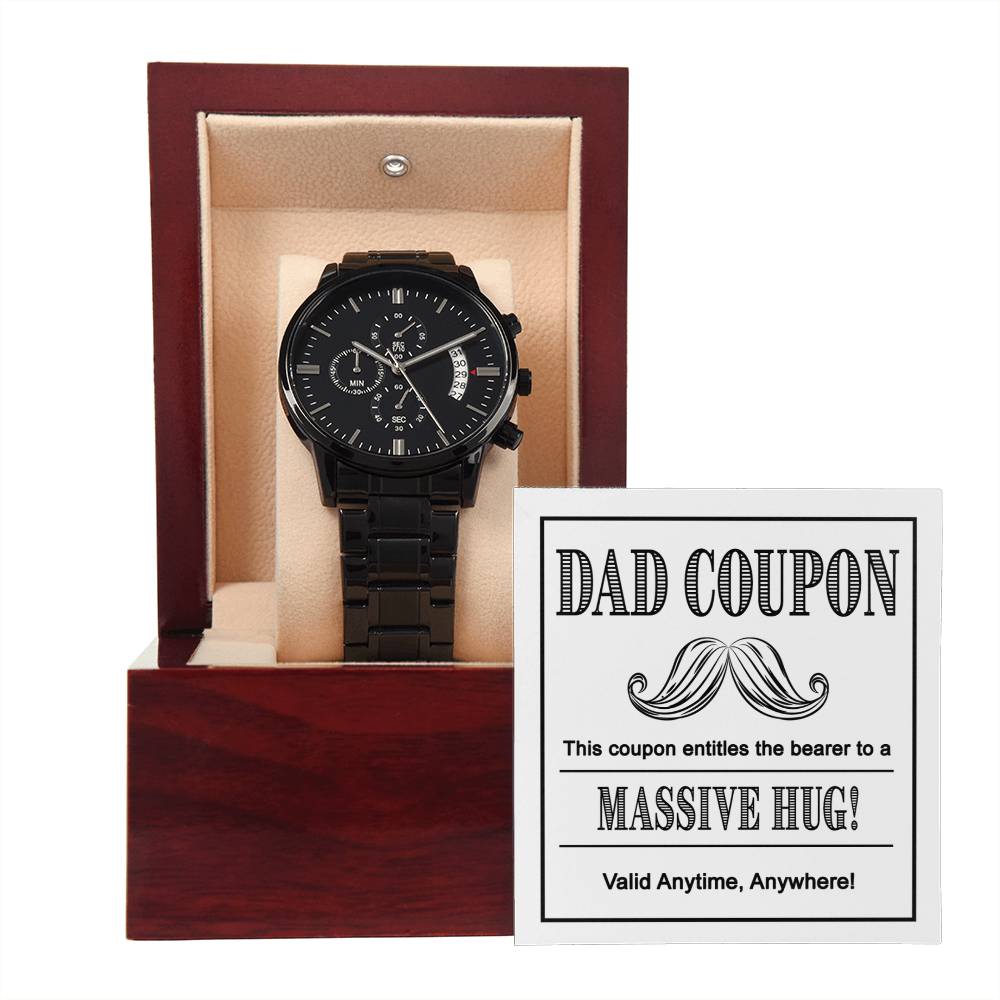 Dad Coupon Watch Gift – Black Chronograph with ‘Massive Hug Voucher’